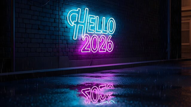 A bright cyan and magenta neon sign reading "HELLO 2026" illuminates a dark, wet brick wall and street below. The sign is dramatically reflected in the puddle-filled pavement, symbolizing a Midnight  - Powered by Adobe