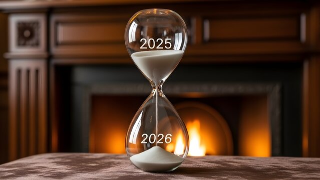 A glass hourglass marks the passage of time from 2025 to 2026, symbolized by white sand flowing down. The scene is warmly lit by a cozy fireplace, signifying the midnight countdown to the New Year.