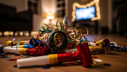 Colorful party remnants    streamers, confetti, and noisemakers    scattered on a wooden floor after a celebration. Bokeh string lights frame a screen in the dimly lit background, setting the mood fo