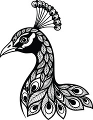 Black and White Vector Icon of Stylized Peacock Head with Ornate Feather Motifs Representing Elegance and Artistic Design
