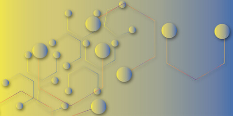 "Abstract yellow blue gradient background with 3D circular nodes and geometric connecting lines, modern tech network design perfect for digital graphics, presentations, covers and futuristic layouts."