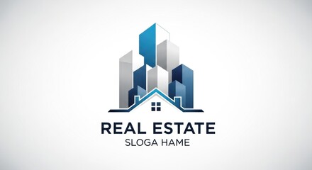 Blue, gray, & white abstract cityscape above a stylized house, the words ?Real Estate? below