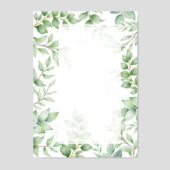 wedding invitation card template with green leaf watercolor on white background