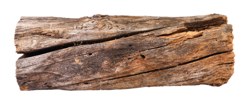 A weathered log found in the forest isolated on a white background. Stack.