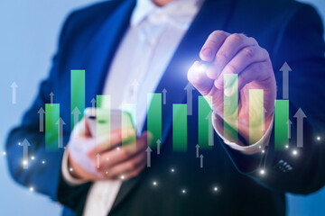 Business professional analyzing financial data using digital graphs and statistics in a modern office setting