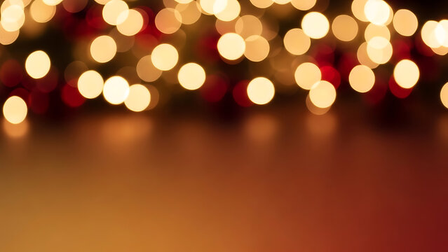 Abstract background of warm golden and red bokeh lights creating a festive and magical atmosphere with copy space below