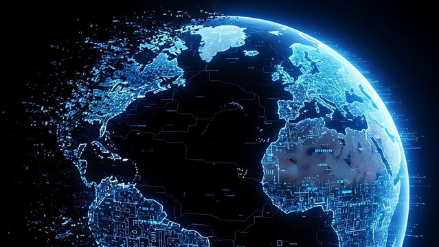 Global Digital Network Connecting Continents With Glowing Blue Circuitry And Data Particles Illustrating Worldwide Technology Evolution And Advanced Communication Systems For A Connected Pla