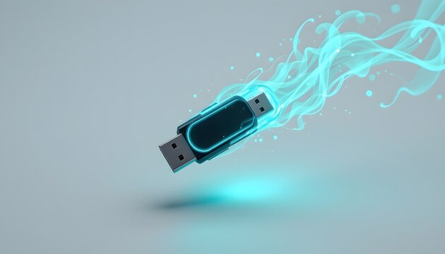 floating usb flash drive with teal glowing trails, pure white clean background.