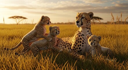 Cheetah mother and cubs in a golden field at sunset; peaceful wildlife scene