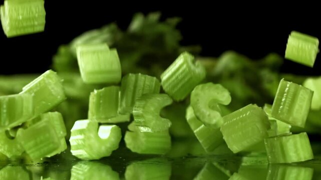 Sliced pieces of fresh celery fall on the table. Filmed on a high-speed camera at 1000 fps. High quality FullHD footage