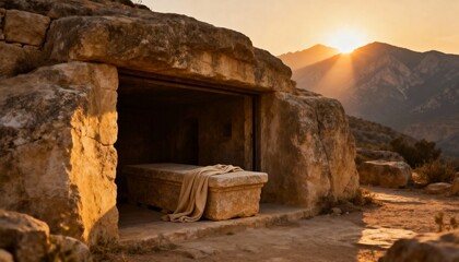 Empty tomb of Jesus at sunrise, symbolic resurrection scene, serene and spiritual atmosphere, perfect for Christian, religious, Easter, inspirational, and biblical photography or artwork.
