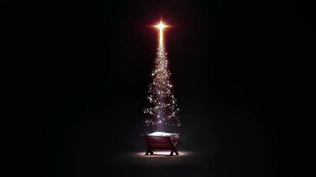 A bright, large star in the shape of a cross illuminates baby Jesus in a manger, a Christmas tree background celebrating the birth of Jesus.