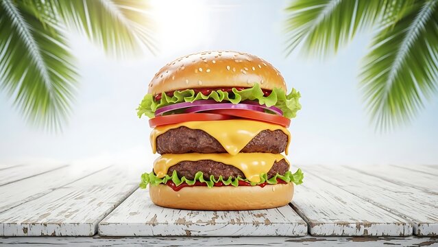 Delicious double cheeseburger stacked high on a tropical beach table