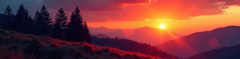 Deep orange sunset paints the pines on a gentle slope , evergreens, summer, hill