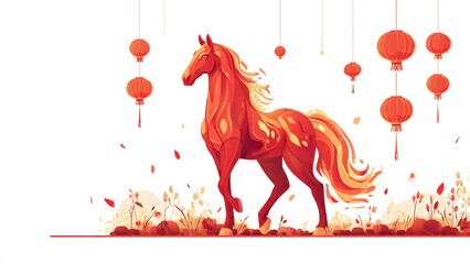 Fiery Red Horse A Vibrant Chinese New Year Shio Celebration with Fire Lanterns