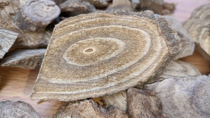 Dried slices of Derris scandens, traditional Thai herbal medicine ingredient, Close up of Thao Wan Priang herb for natural remedies