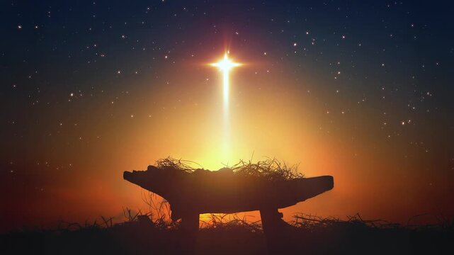 A large star in the shape of a cross illuminates the Saint Jesus in a manger, a Christmas background symbolizing the birth of baby Jesus and his death on the cross.
