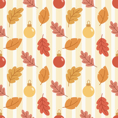 Autumn Fall Leaf and Bauble Seamless Pattern on Vertical Stripes, Warm Thanksgiving Background