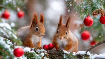 Two squirrels are sitting on a tree branch with red berries