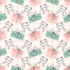 Cute Cartoon Cat and Gift Box Seamless Pattern, Pastel Christmas or Birthday Wrapping Paper Background