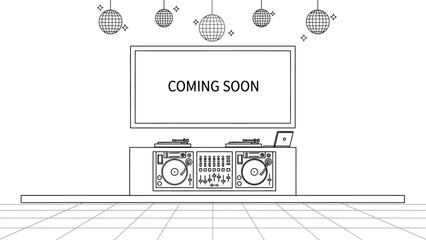 Abstract vector illustration of a 'Coming Soon' event setup with DJ turntables, a large screen, and festive disco balls, perfect for announcements and party invitations