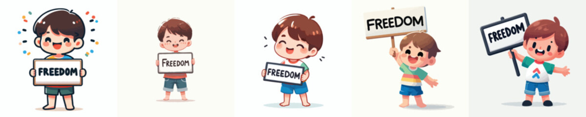 vector of a little boy holding a sign that says "Freedom"