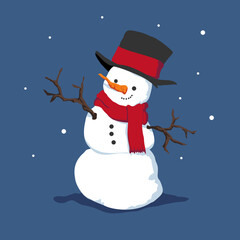 Cute Cartoon Snowman in top hat and Scarf Winter Illustration, This festive character design is perfect for holiday greetings, winter season decorations, Christmas projects, children's books.