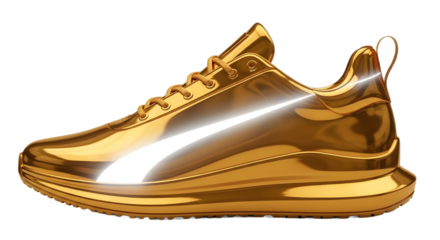 Golden metallic luxury running shoe, premium performance sneaker symbolizing success and wealth isolated PNG with Transparent Background