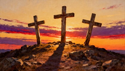 Three crosses on Golgotha hill, biblical and symbolic scene, solemn and spiritual atmosphere, perfect for Christian, religious, inspirational, and Easter or devotional photography or artwork.
