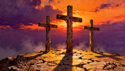 Three crosses on Golgotha hill, biblical and symbolic scene, solemn and spiritual atmosphere, perfect for Christian, religious, inspirational, and Easter or devotional photography or artwork.
