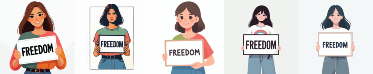 vector of a woman holding a sign that says "Freedom"