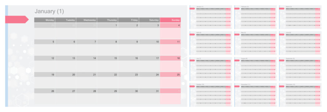Minimalist monthly calendar template featuring January to December layout with clean grid, pastel accents, weekday columns designed for planners, scheduling, time management and print or digital use.