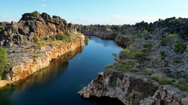 Flying along a gorge in the Kimberly region, Western Australia