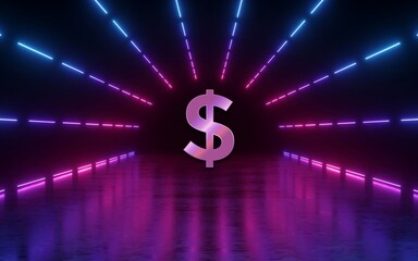 A shiny 3D dollar symbol on a blue background represents financial success and investment concept in the global market
