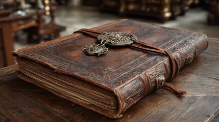 Close up of an aged leather bound journal book