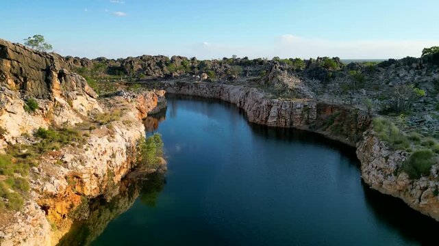 Flying along a gorge in the Kimberly region, Western Australia