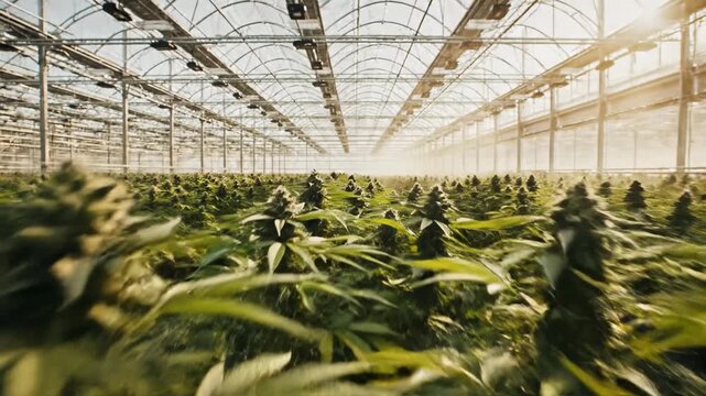 Lush cannabis greenhouse bathed in golden sunlight. sustainable cultivation radiates a sense of tranquility.
