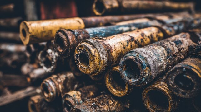 Close up of rusty metal pipes piled in a decaying condition