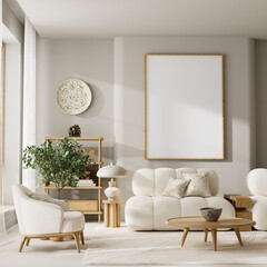 Scandinavian interior with mock up poster frame, natural wood, neutral tones and soft lighting for a warm minimalist decor. 3D illustration.
