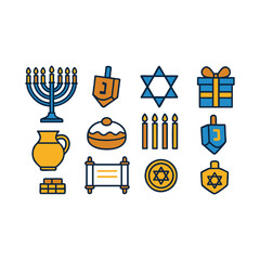 Hanukkah Icon Set - Line Art and Color