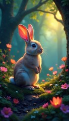 Glowing flora, whimsical rabbit in enchanted woods, dark, fur, enchanted