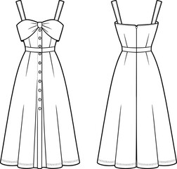 Sleeveless bow front dress technical flat sketch with button placket, fitted waist, flared skirt, detailed fashion illustration design for apparel templates