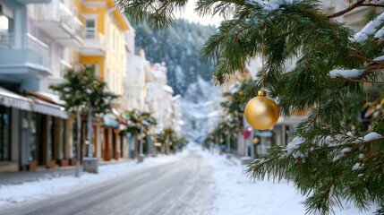 A Christmas tree with a golden ornament hanging from it