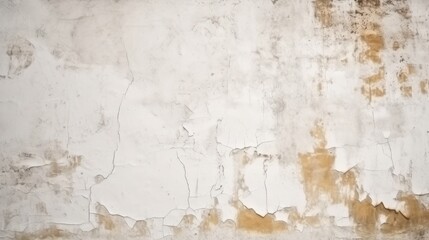 Fototapeta premium A textured wall showing cracks and peeling paint, featuring a mix of white and brown tones, suggesting age and neglect.
