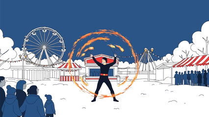 Fire performer entertaining a crowd at a winter carnival with a ferris wheel