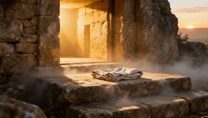 Empty tomb of Jesus, symbolic resurrection scene, serene and spiritual atmosphere, perfect for Christian, religious, Easter, inspirational, and biblical photography or artwork.
