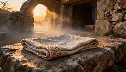 Empty tomb of Jesus, symbolic resurrection scene, serene and spiritual atmosphere, perfect for Christian, religious, Easter, inspirational, and biblical photography or artwork.
