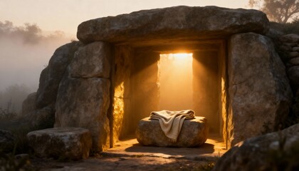 Empty tomb of Jesus, symbolic resurrection scene, serene and spiritual atmosphere, perfect for Christian, religious, Easter, inspirational, and biblical photography or artwork.
