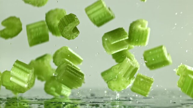 Sliced pieces of fresh celery fall on the table. Filmed on a high-speed camera at 1000 fps. High quality FullHD footage