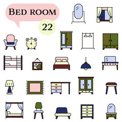 Outlined icons for bedrooms about furniture, comfort, and home interior.